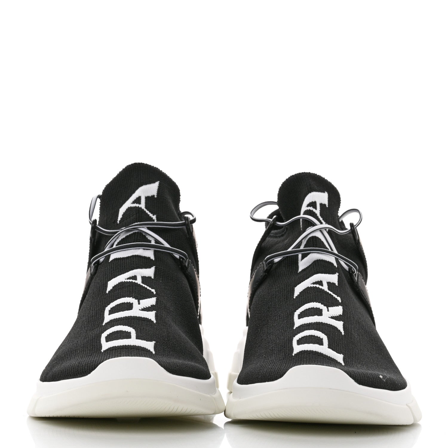 Prada Knit Fabric Mens Logo Sneakers 8 Black White 2 of 8