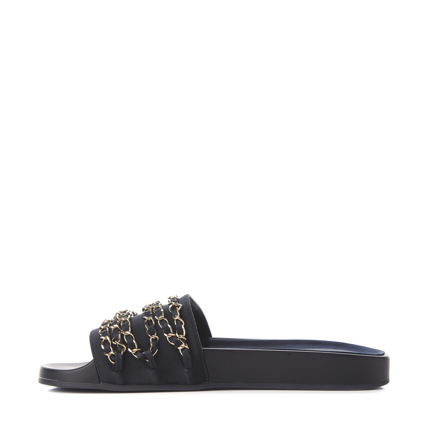 Satin Canvas Chain Slides Sandals Flats 40 Marine