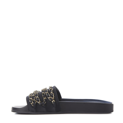 Chanel Satin Canvas Chain Slides Sandals Flats 40 Marine 1 of 11