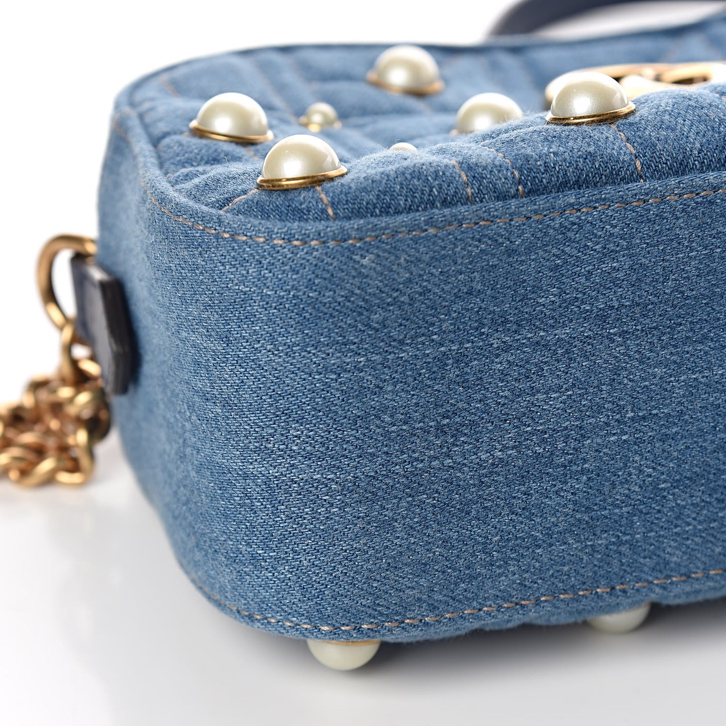 Denim Matelasse Pearl Studded Small GG Marmont Chain Shoulder Bag Blue