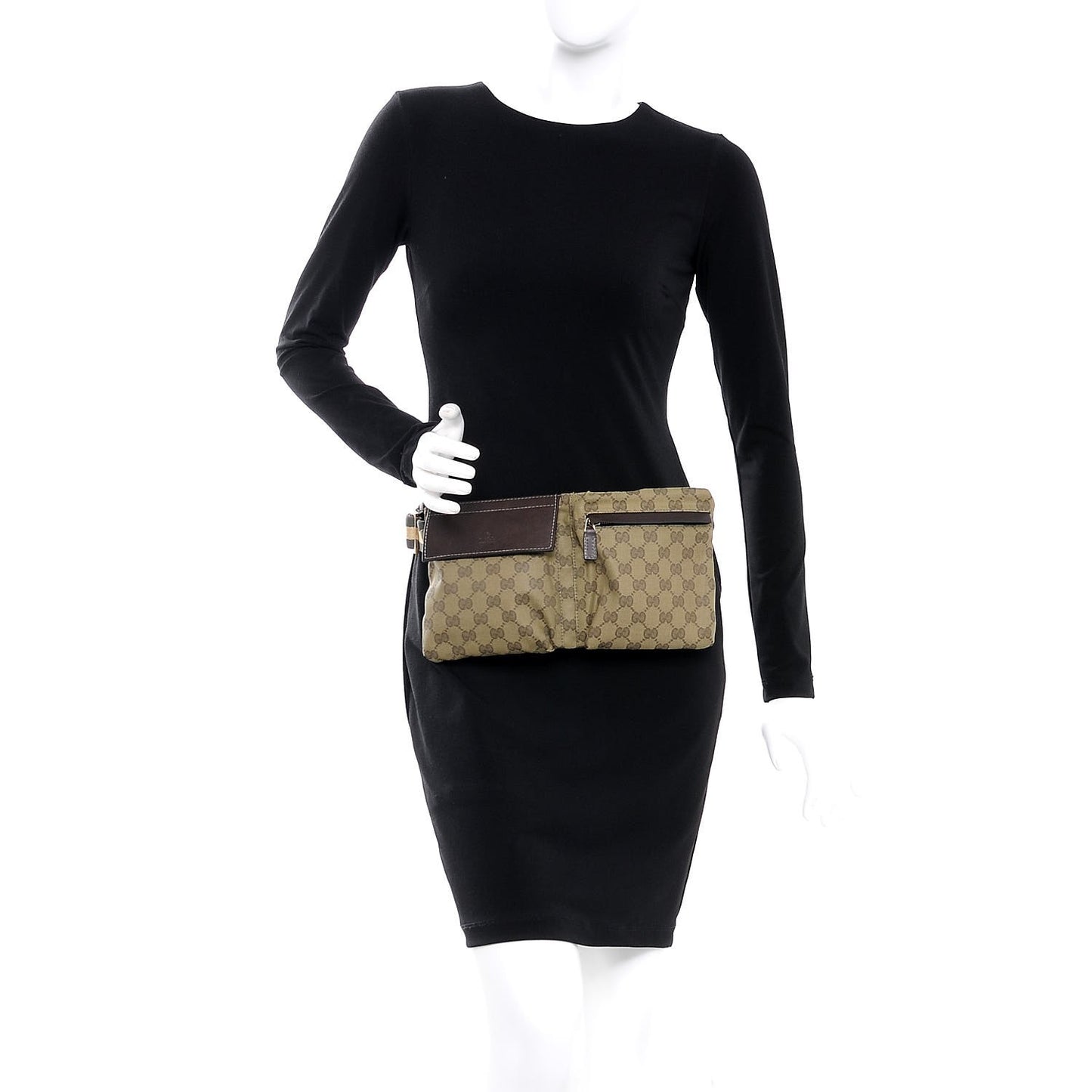 GG Monogram Web Double Pocket Belt Bag Green Dark Brown