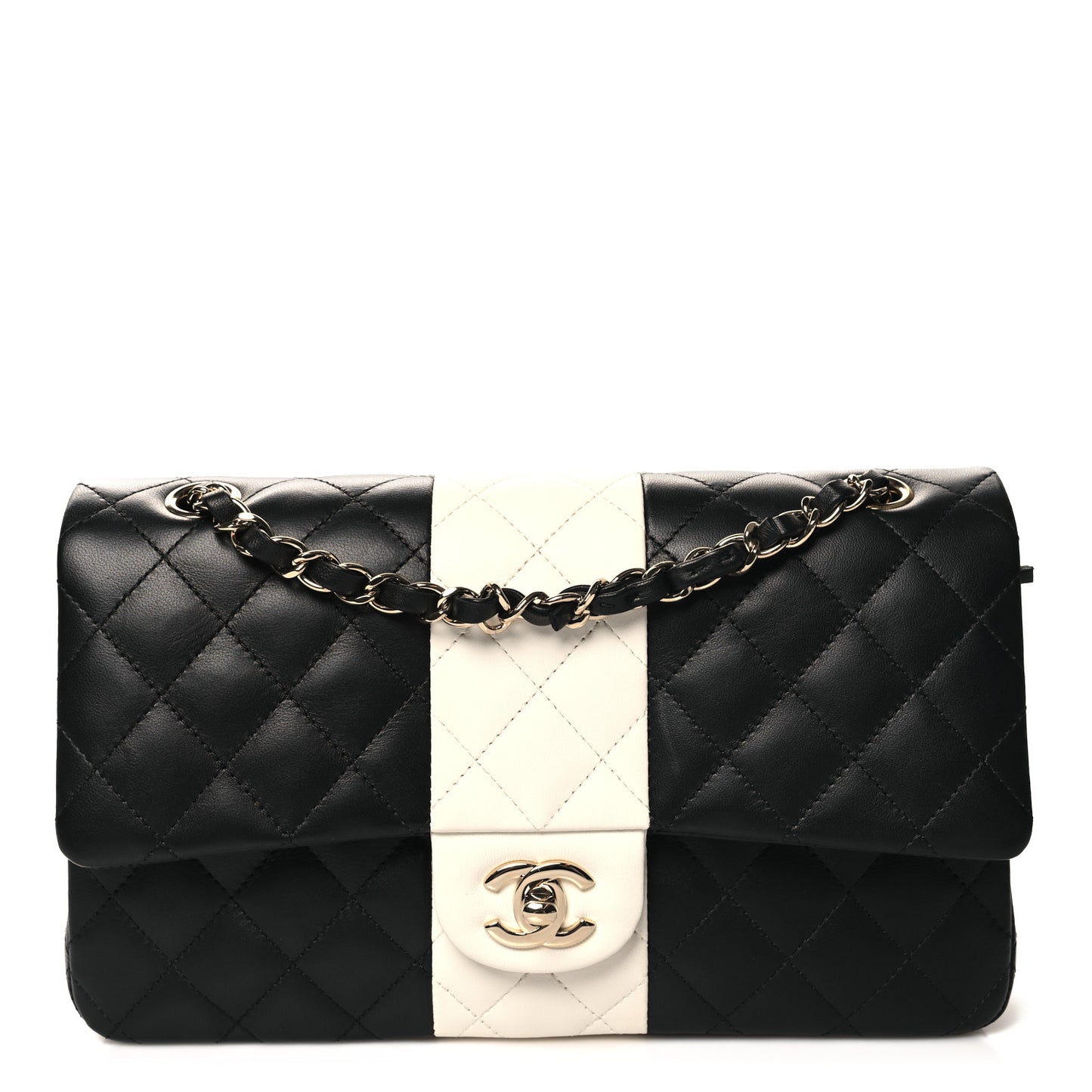 Lambskin Quilted Medium Double Flap Black White