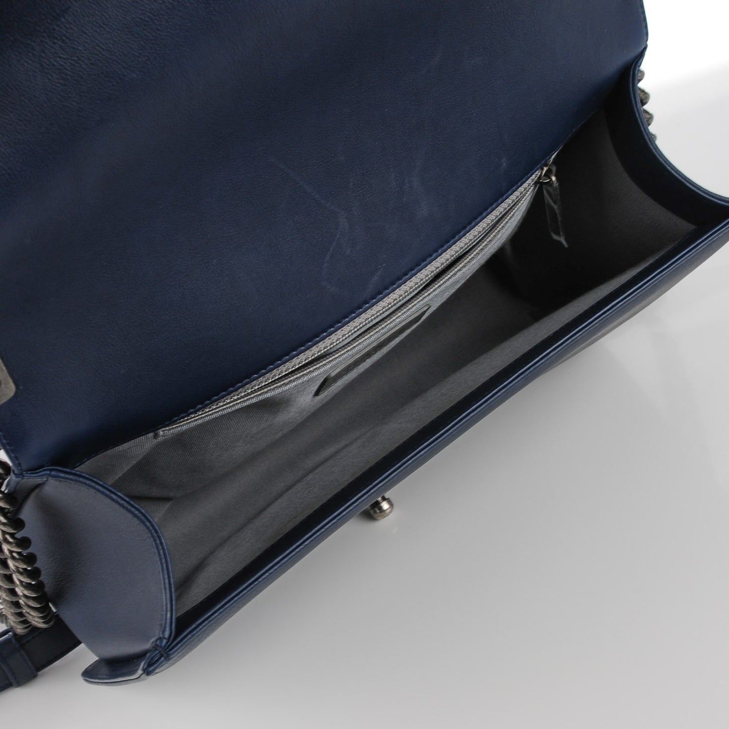 Calfskin Quilted Double Stitch Medium Boy Flap Navy Blue