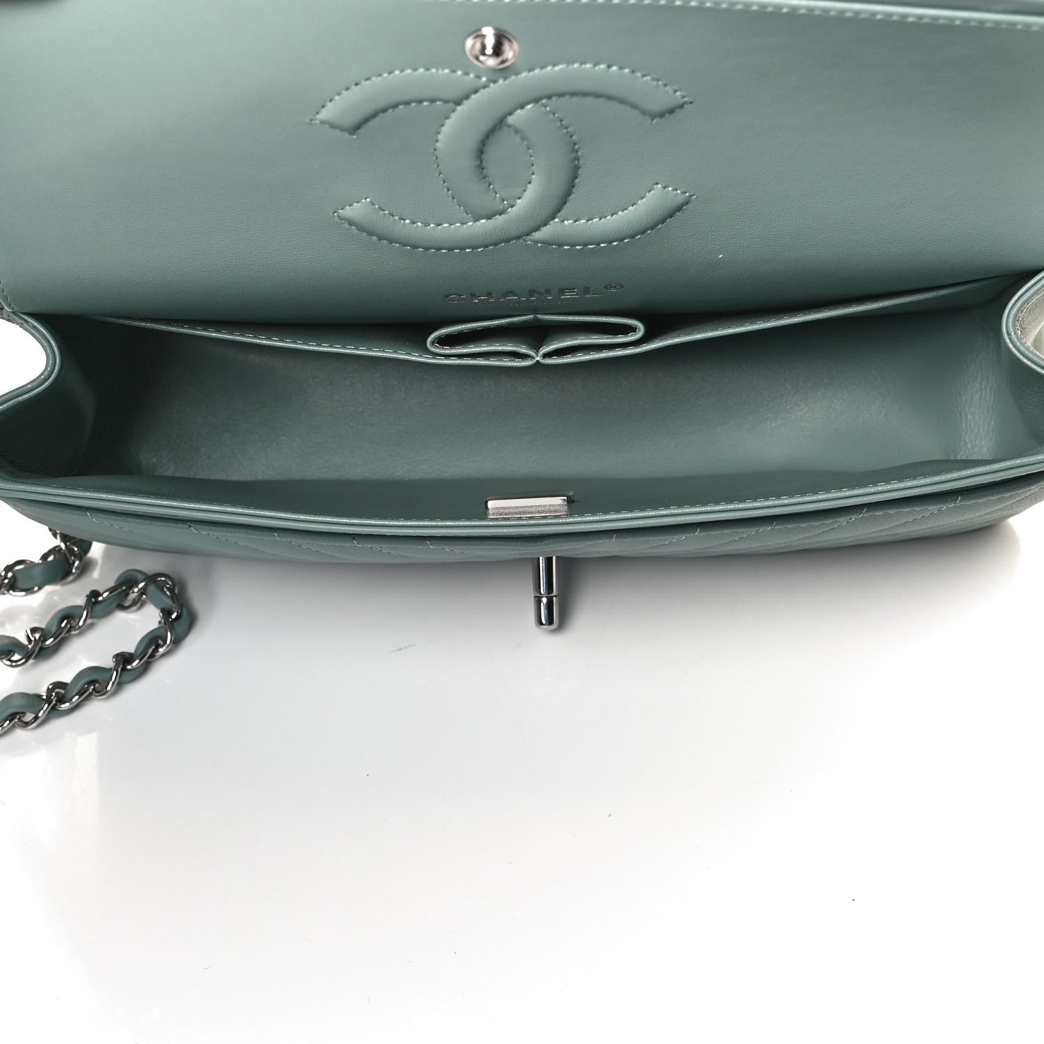 Chanel Calfskin Chevron Quilted Medium Double Flap Dark Green 5 of 11