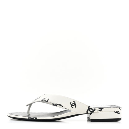 Chanel Lambskin Printed CC Thong Sandals 38 White Black 1 of 9