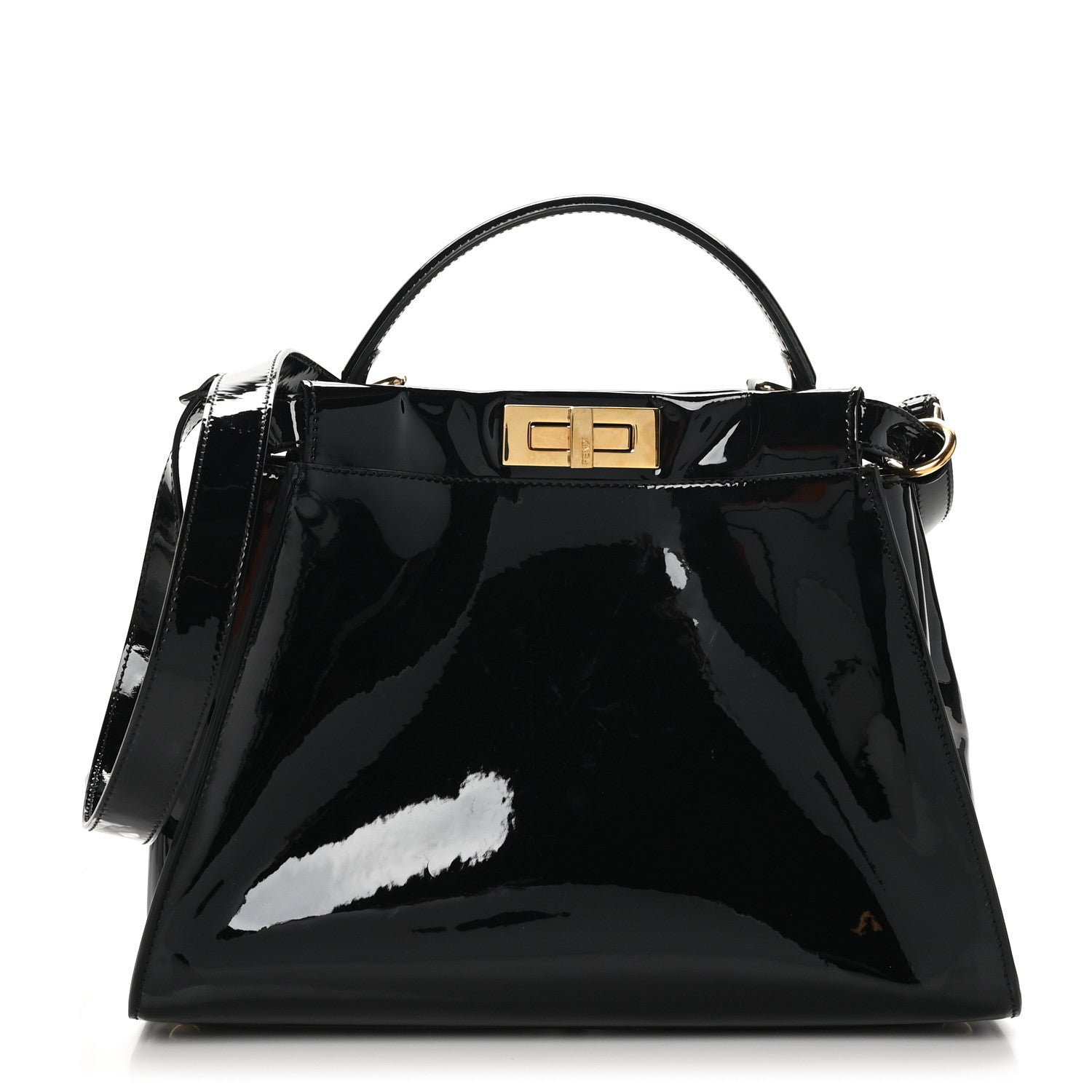 Fendi Patent Glazed Fabric FF 1974 Medium Peekaboo Iconic Defender Satchel Mogano Panna Black 3 of 11
