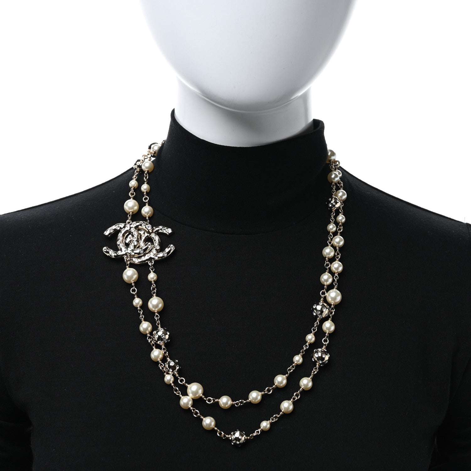 Chanel Pearl Crystal CC Long Necklace Gold Pearly White 2 of 5