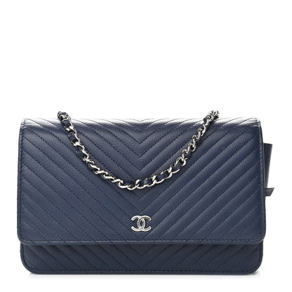 Chanel Caviar Chevron Quilted Wallet On Chain WOC Navy 1 of 11