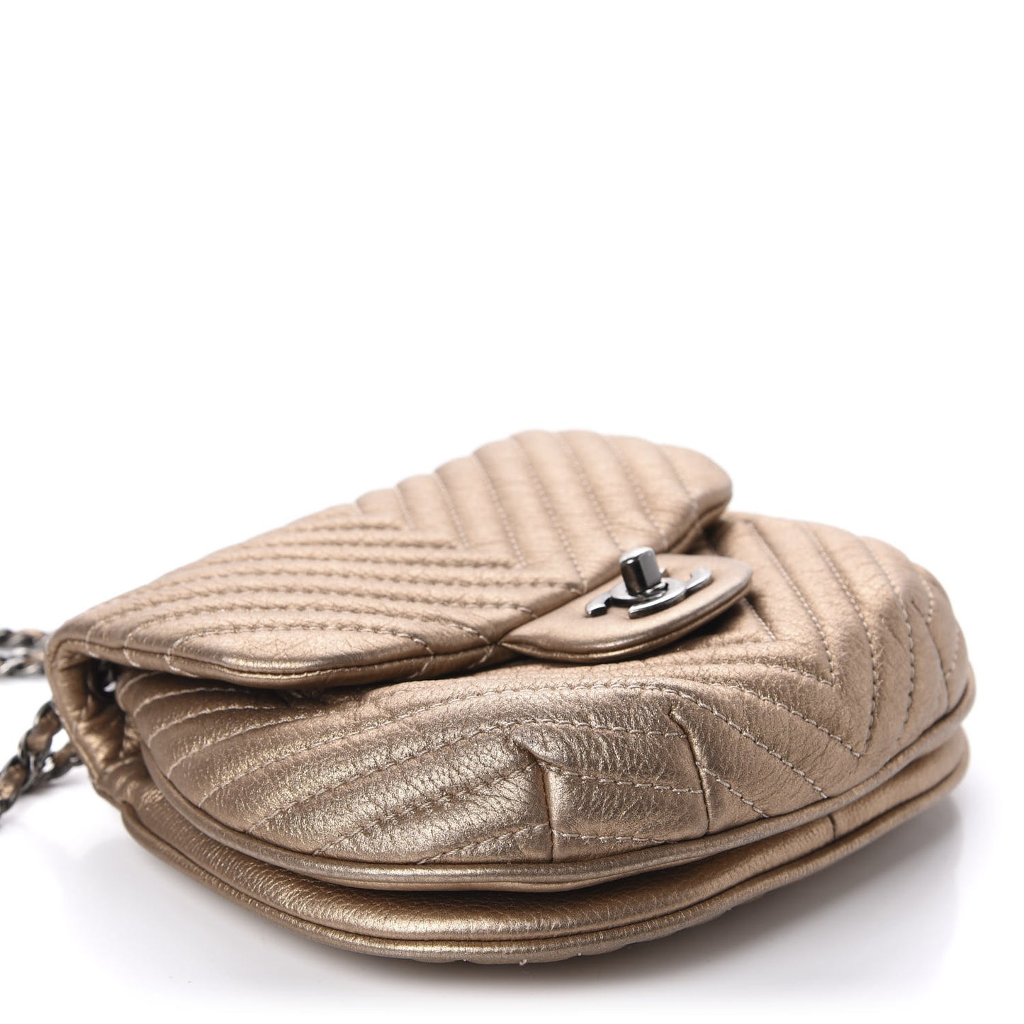 Metallic Aged Calfskin Chevron Small Bubble CC Flap Gold