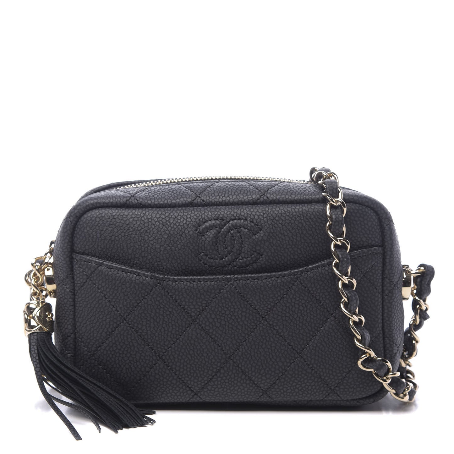 Iridescent Caviar Quilted Mini Coco Tassel Camera Case Black