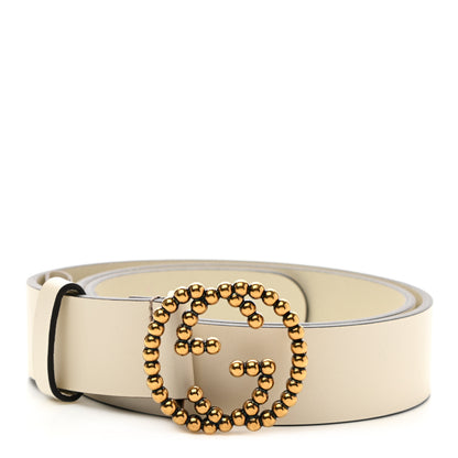 Gucci Margaux Calfskin Studded Interlocking G 30mm Belt 80 32 Mystic White 1 of 6