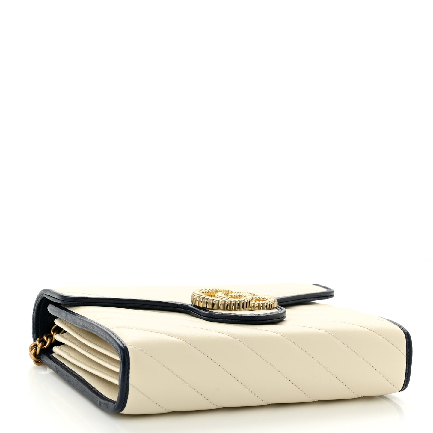 Vintage Effect Calfskin Matelasse Diagonal Torchon GG Marmont Chain Wallet Mystic White Blue Agata