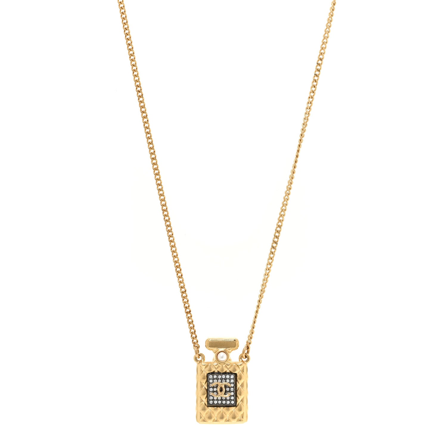 Chanel Crystal Pearl Perfume Bottle CC Necklace Gold 1 of 5