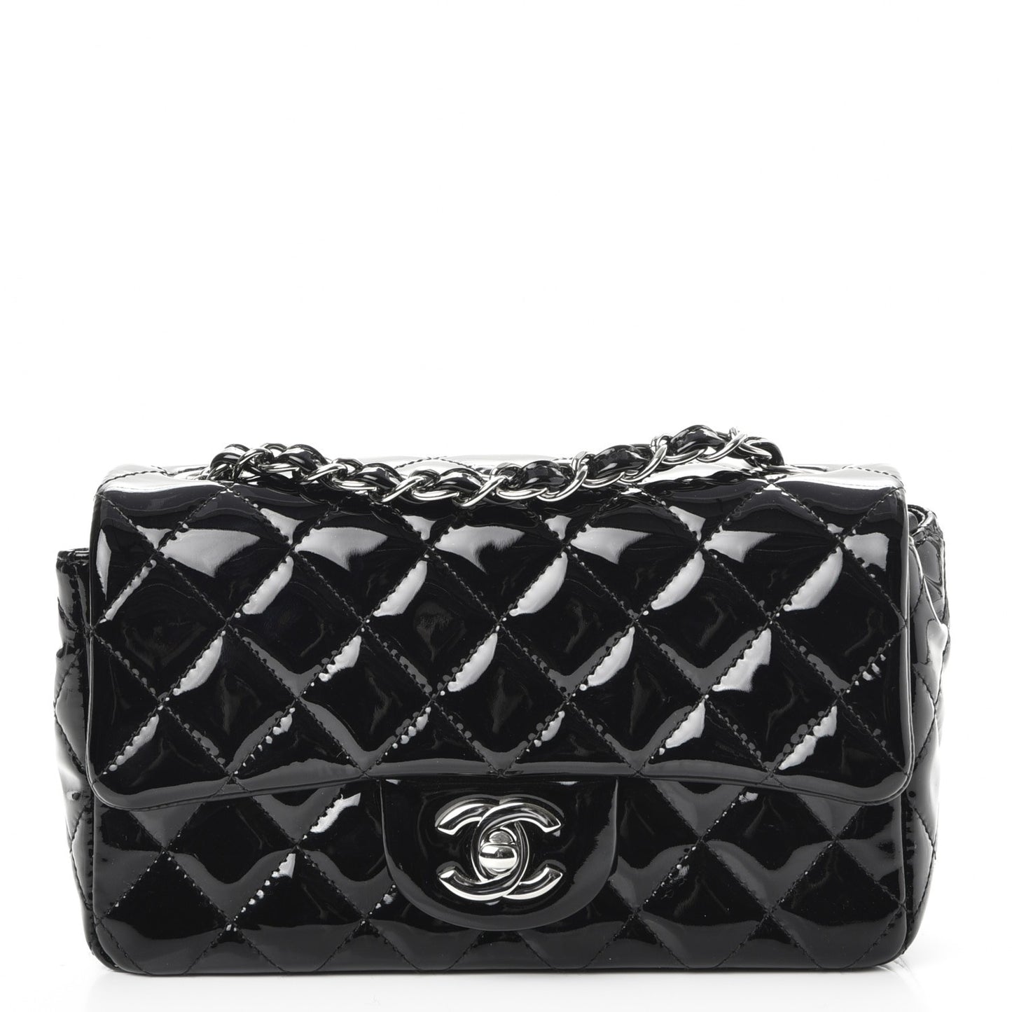 Patent Calfskin Quilted Mini Rectangular Flap Black