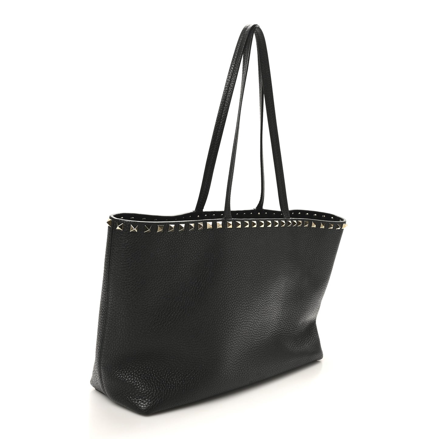 Grained Calfskin Small Rockstud Shoulder Tote Black