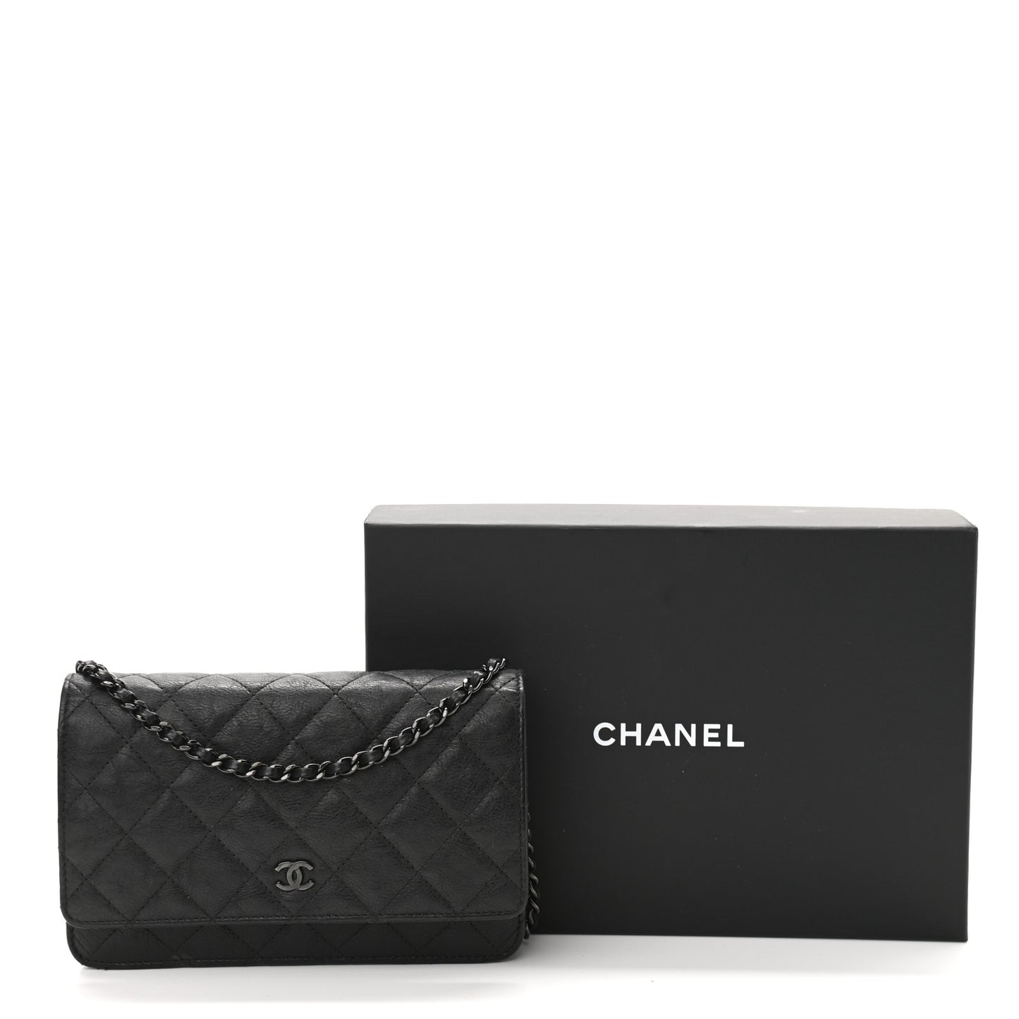 Crumpled Calfskin Quilted Wallet On Chain WOC So Black
