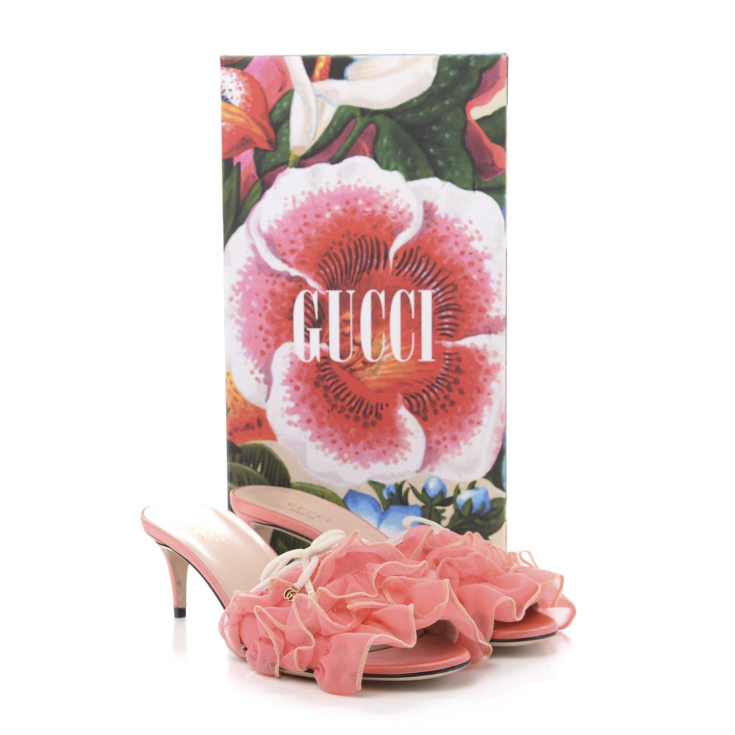 Gucci Tulle Ruffle Low Heel Slide Sandals 37 Peach Mystic White 9 of 9