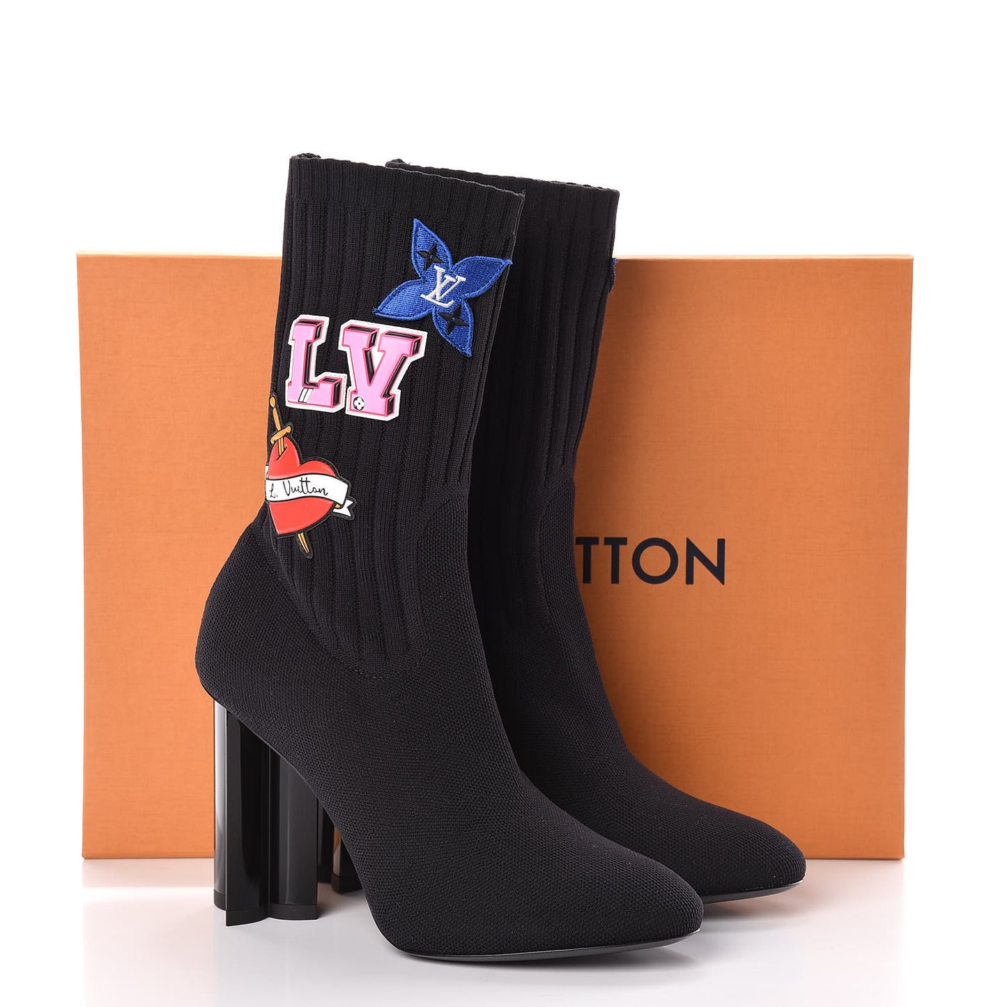 Stretch Fabric LV Black Heart Sock Ankle Boots 37.5 Black