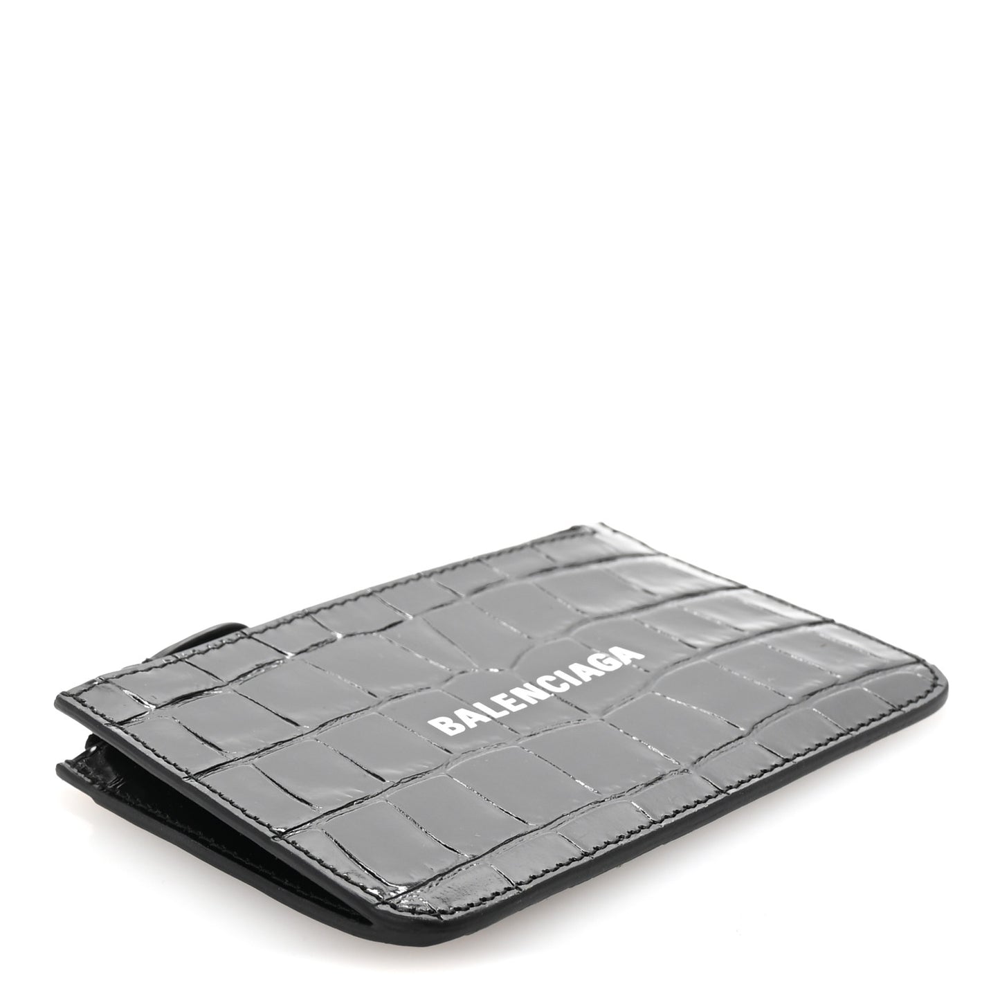 Shiny Calfskin Logo Crocodile Embossed Large Cash Long Coin Card Holder Black