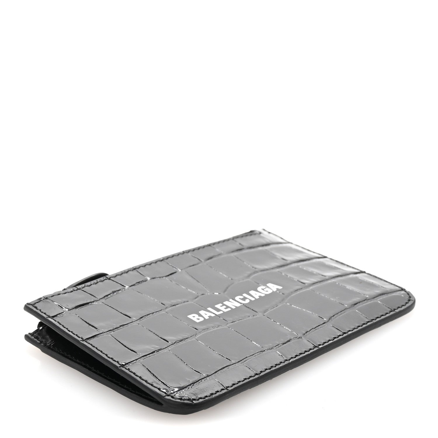 Balenciaga Shiny Calfskin Logo Crocodile Embossed Large Cash Long Coin Card Holder Black 4 of 7