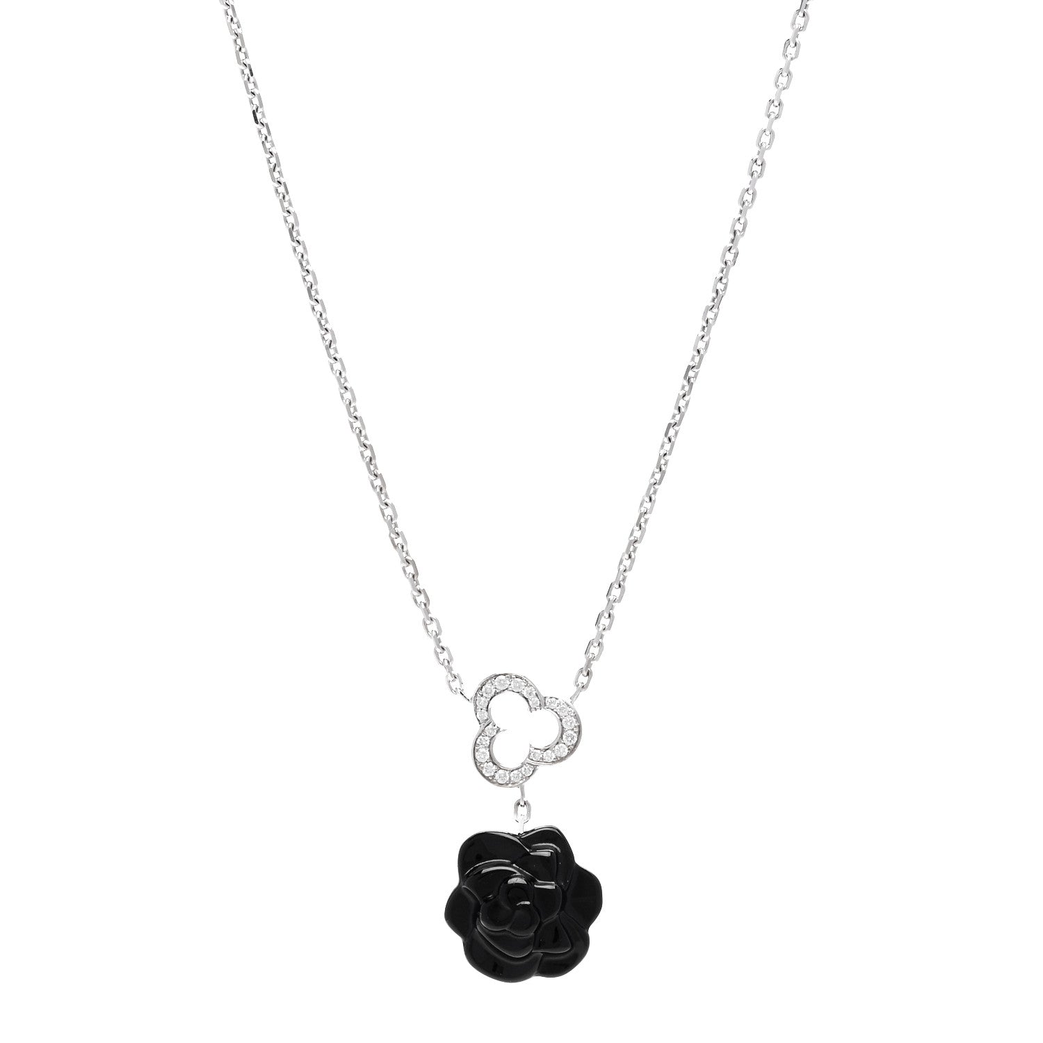 Chanel 18K White Gold Diamond Black Onyx Camelia Sculpte Drop Pendant Necklace 1 of 5