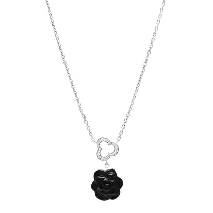 Chanel 18K White Gold Diamond Black Onyx Camelia Sculpte Drop Pendant Necklace 1 of 5