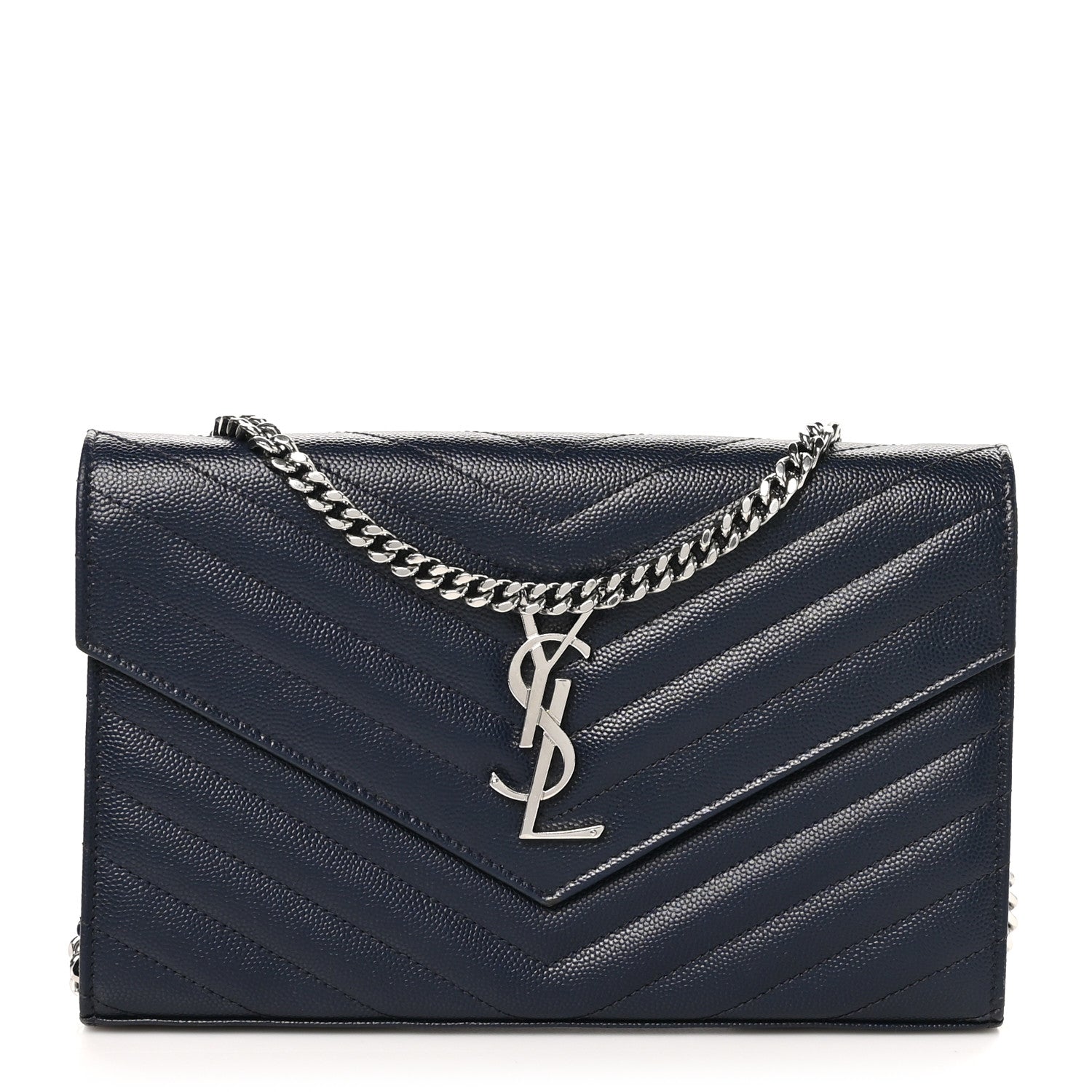 Saint Laurent Grain De Poudre Matelasse Chevron Monogram Chain Wallet Deep Marine 1 of 10