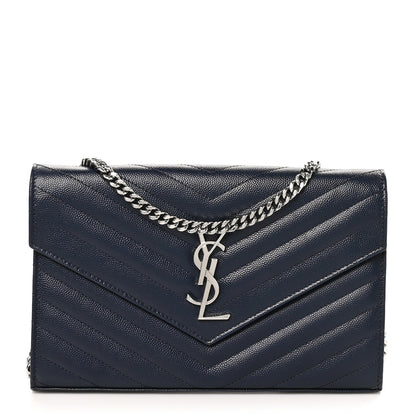 Saint Laurent Grain De Poudre Matelasse Chevron Monogram Chain Wallet Deep Marine 1 of 10