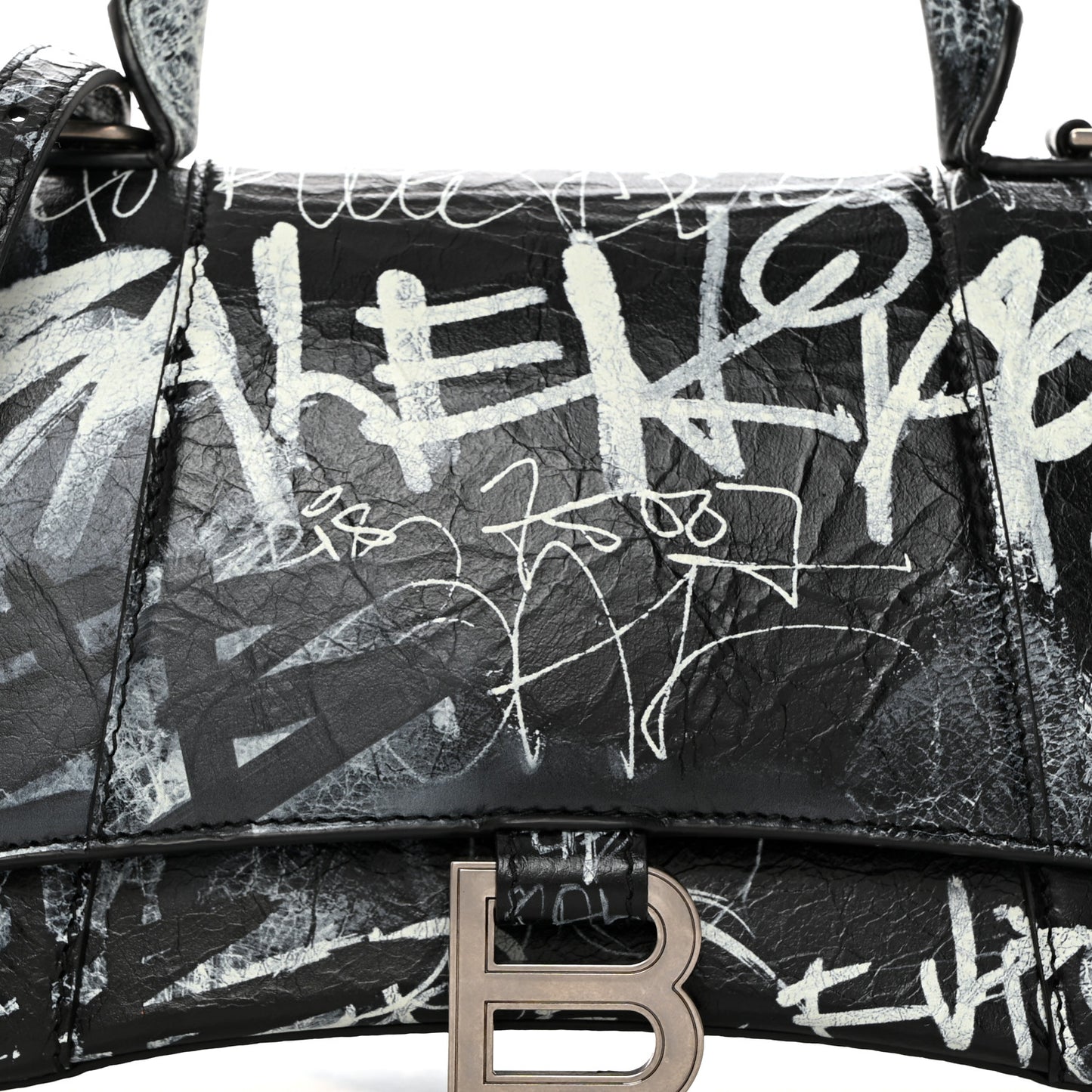 Agneau Graffiti Logo Small Hourglass Top Handle Bag Black
