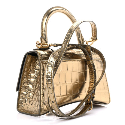 Balenciaga Metallic Calfskin Crocodile Embossed Hourglass Top Handle Bag XS Gold 3 of 17