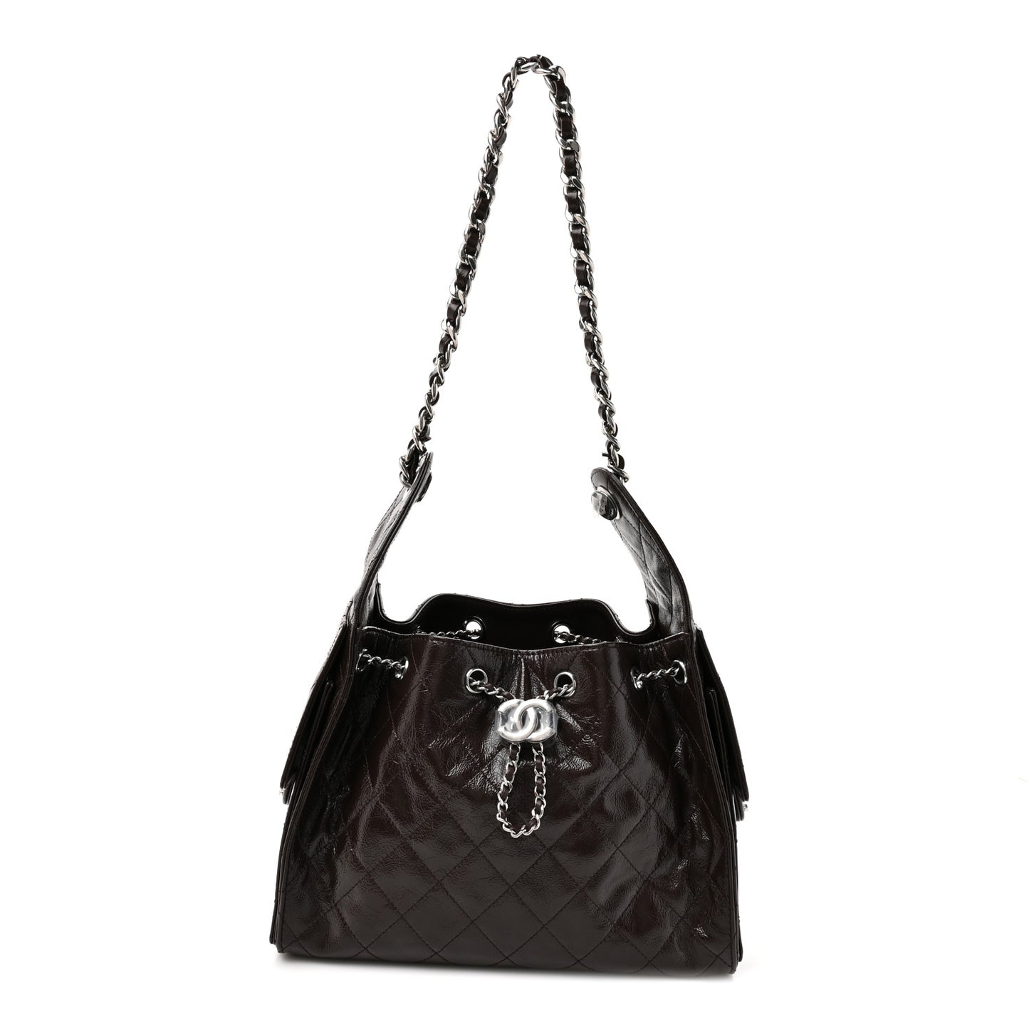 Shiny Crumpled Calfskin Quilted Small Chanel 25 Handbag Dark Brown