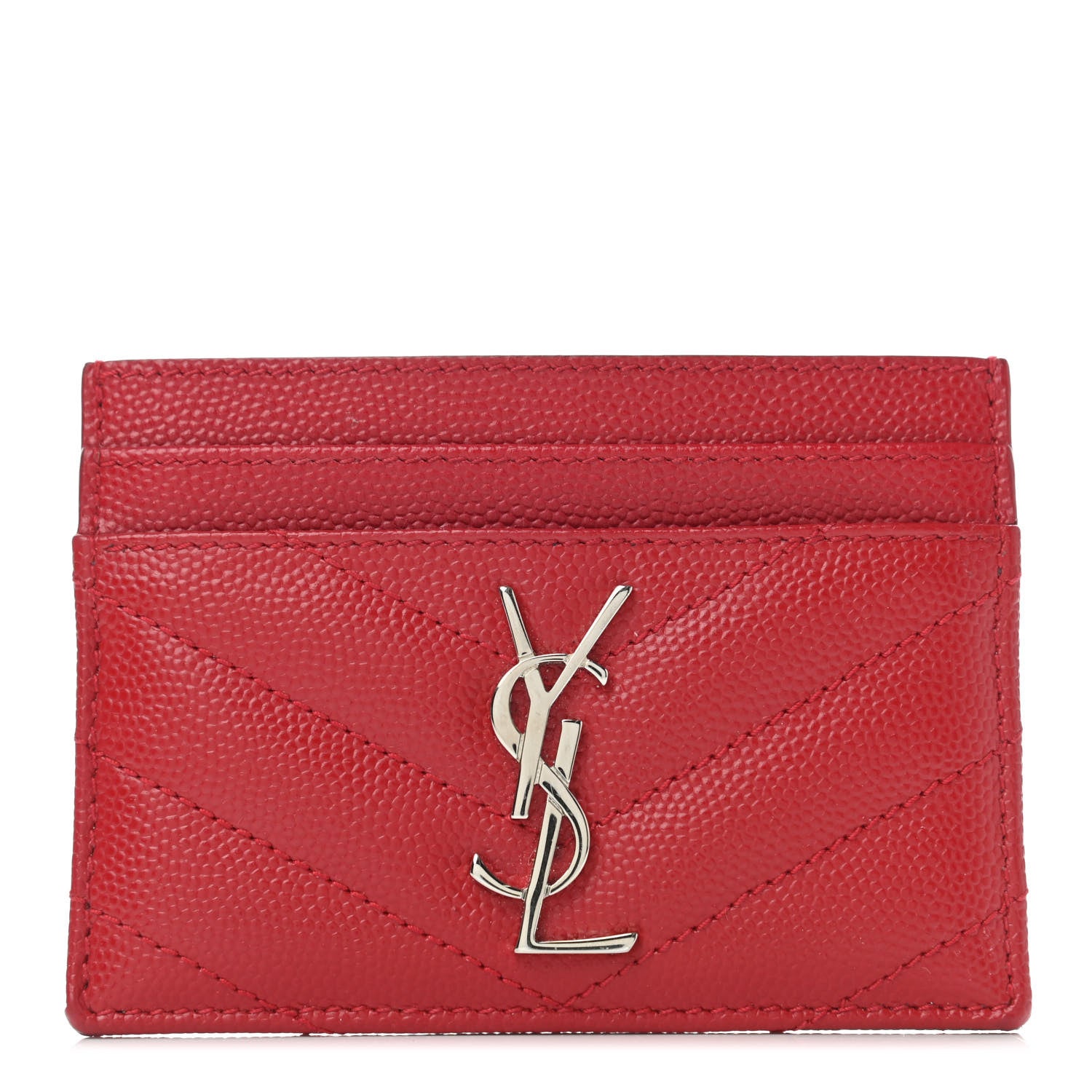 Saint Laurent Grain De Poudre Matelasse Chevron Monogram Credit Card Case New Red 1 of 5
