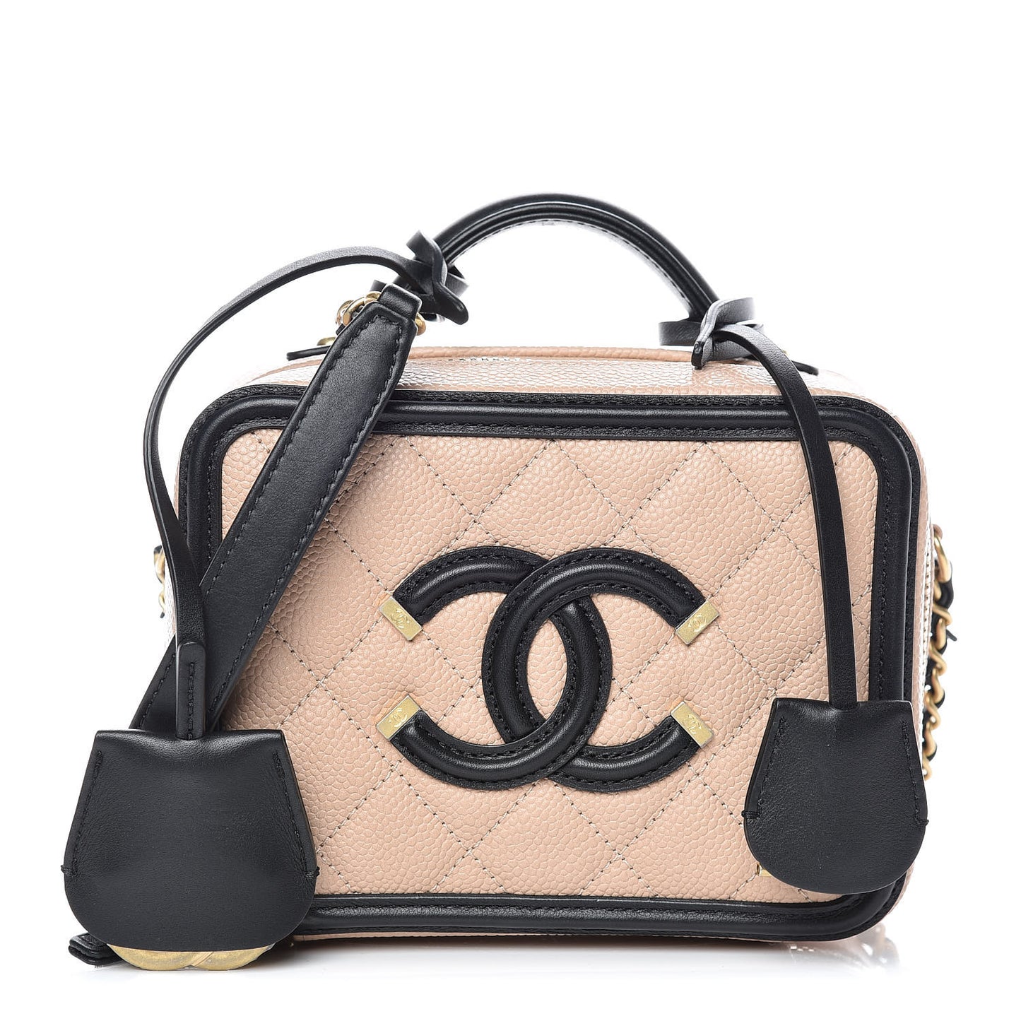 Caviar Quilted Small CC Filigree Vanity Case Beige Black
