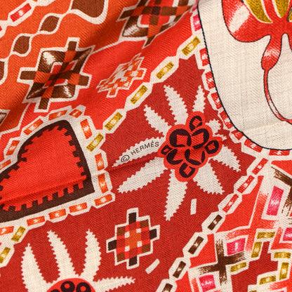 Hermes Cashmere Silk En Attendant Ulysse Shawl 140 Naturel Orange Brun 4 of 5