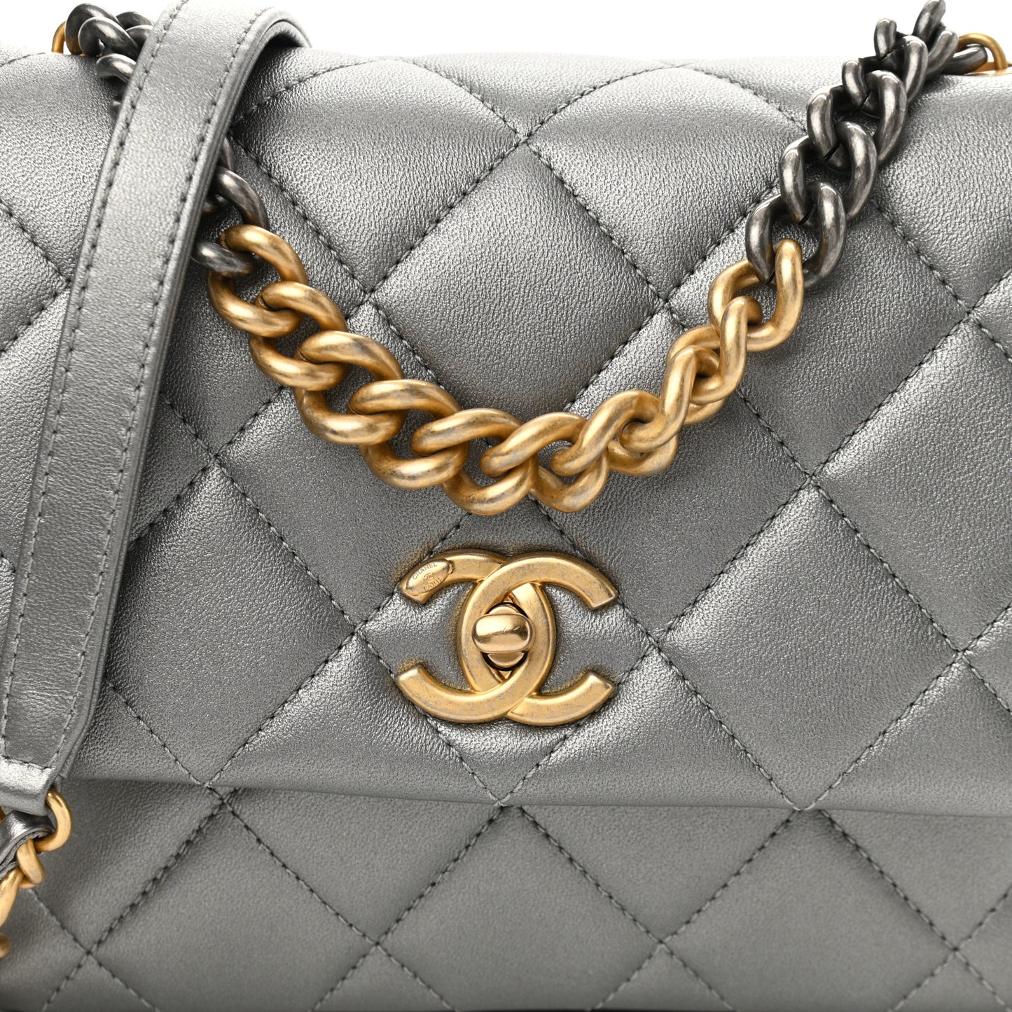Metallic Lambskin Quilted Small Side Note Flap Grey
