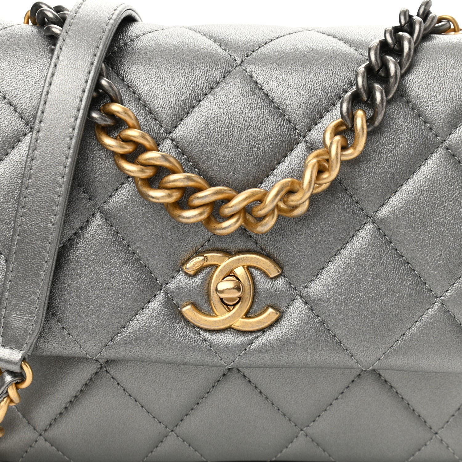 Chanel Metallic Lambskin Quilted Small Side Note Flap Grey 8 of 10