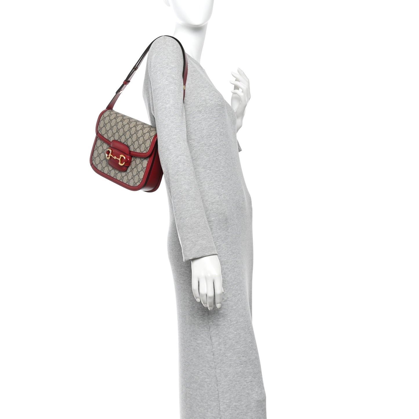 GG Supreme Monogram Azalea Calfskin Horsebit 1955 Shoulder Bag Beige Ebony New Cherry Red