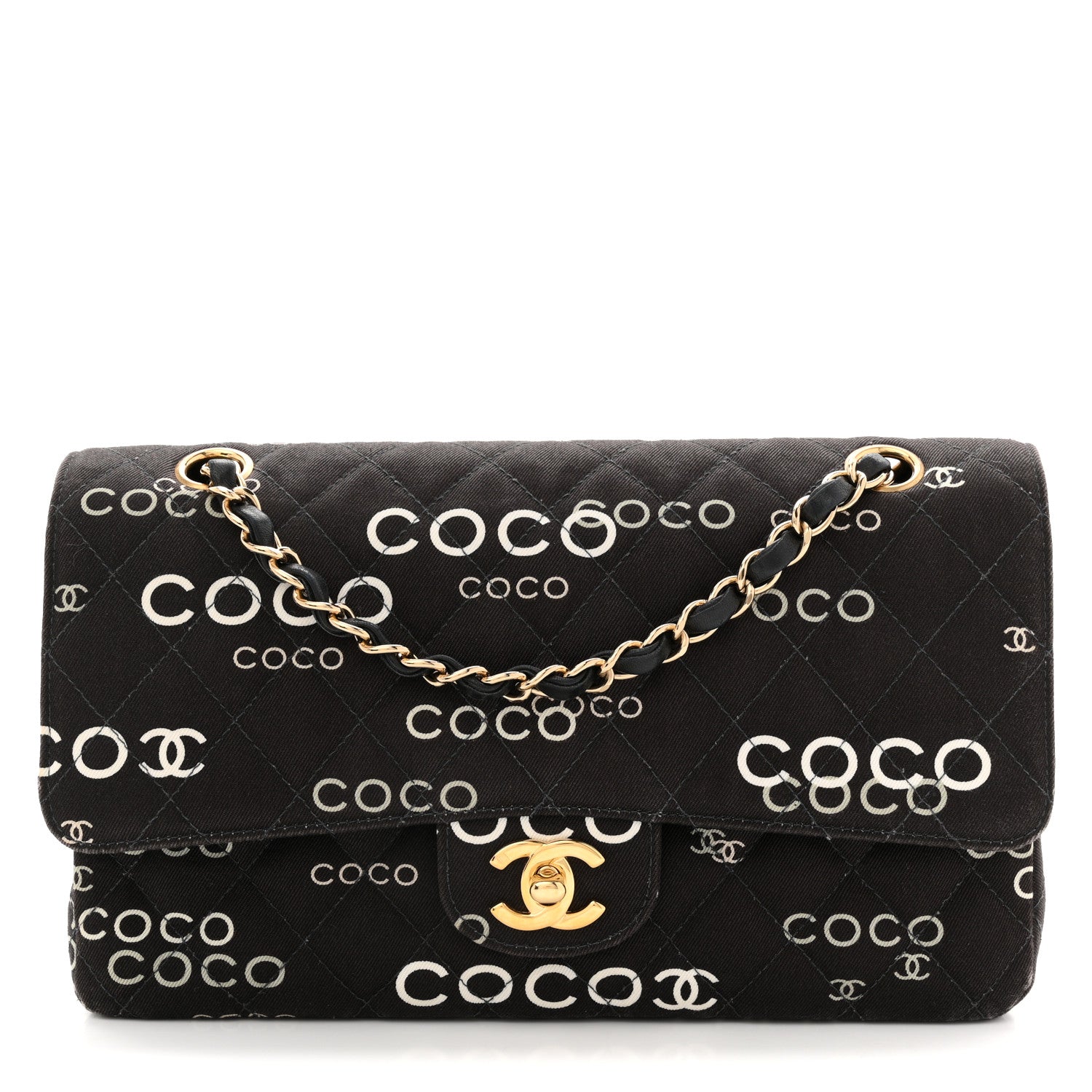Chanel Canvas Coco Printed Quilted Medium Double Flap Black White 1 of 13