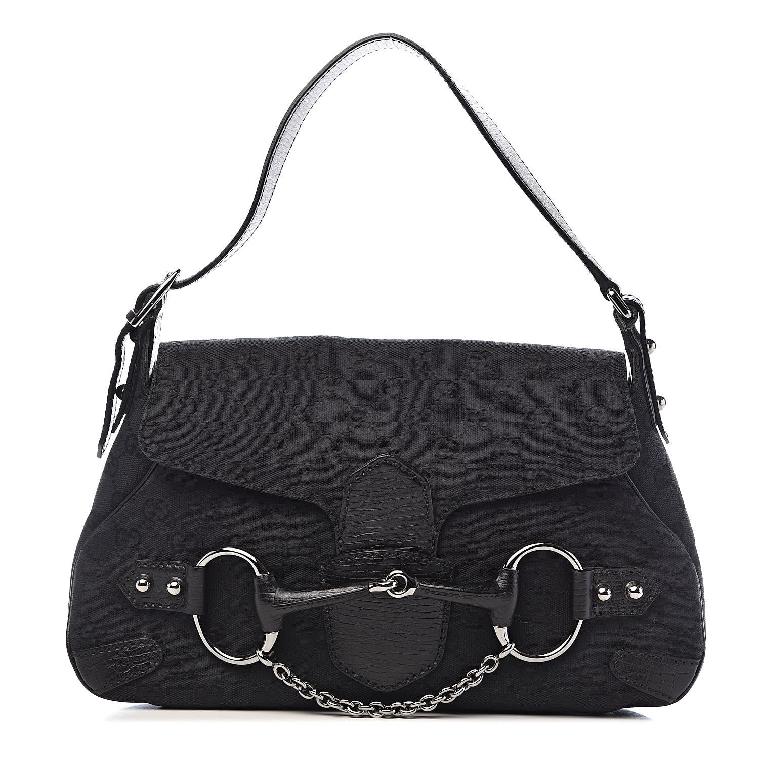 Gucci Monogram Horsebit Chain Flap Shoulder Bag Black 1 of 11
