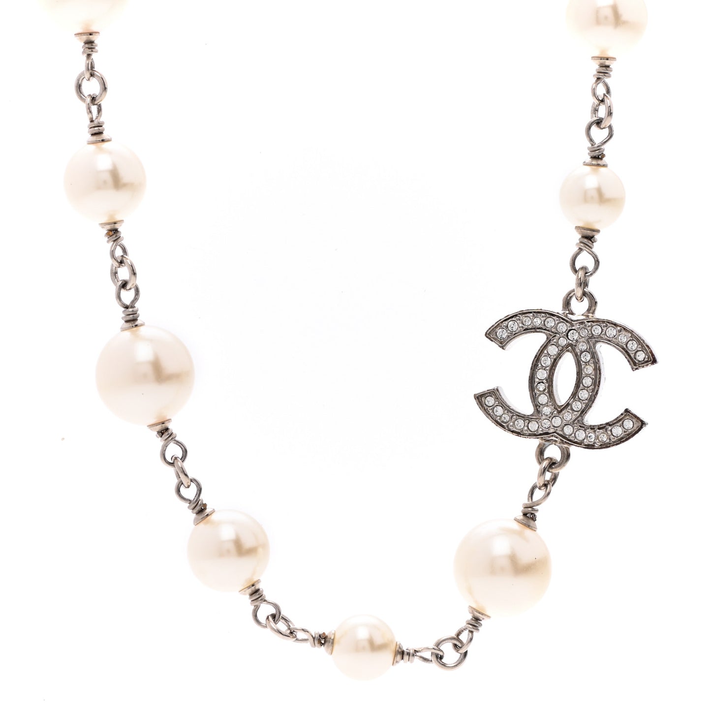 Crystal Pearl CC Long Necklace Silver