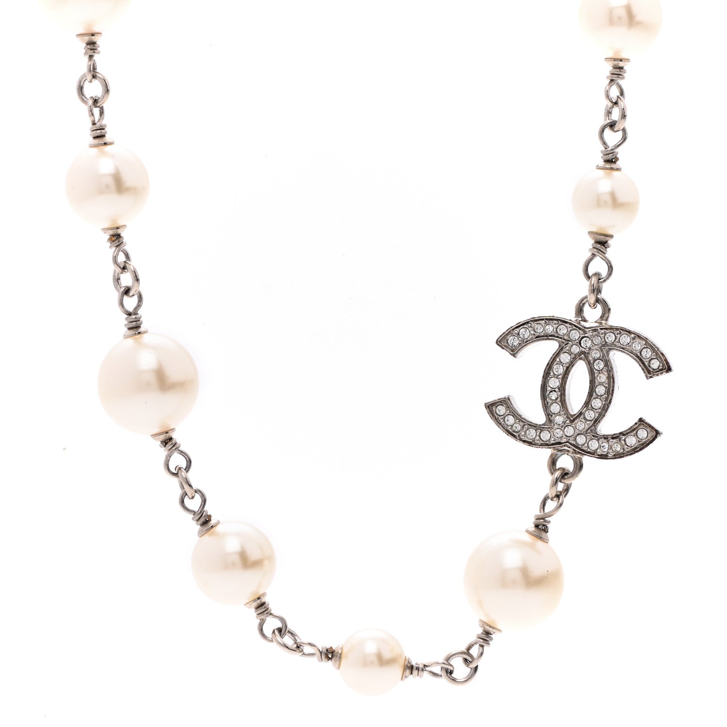 Chanel Crystal Pearl CC Long Necklace Silver 4 of 6