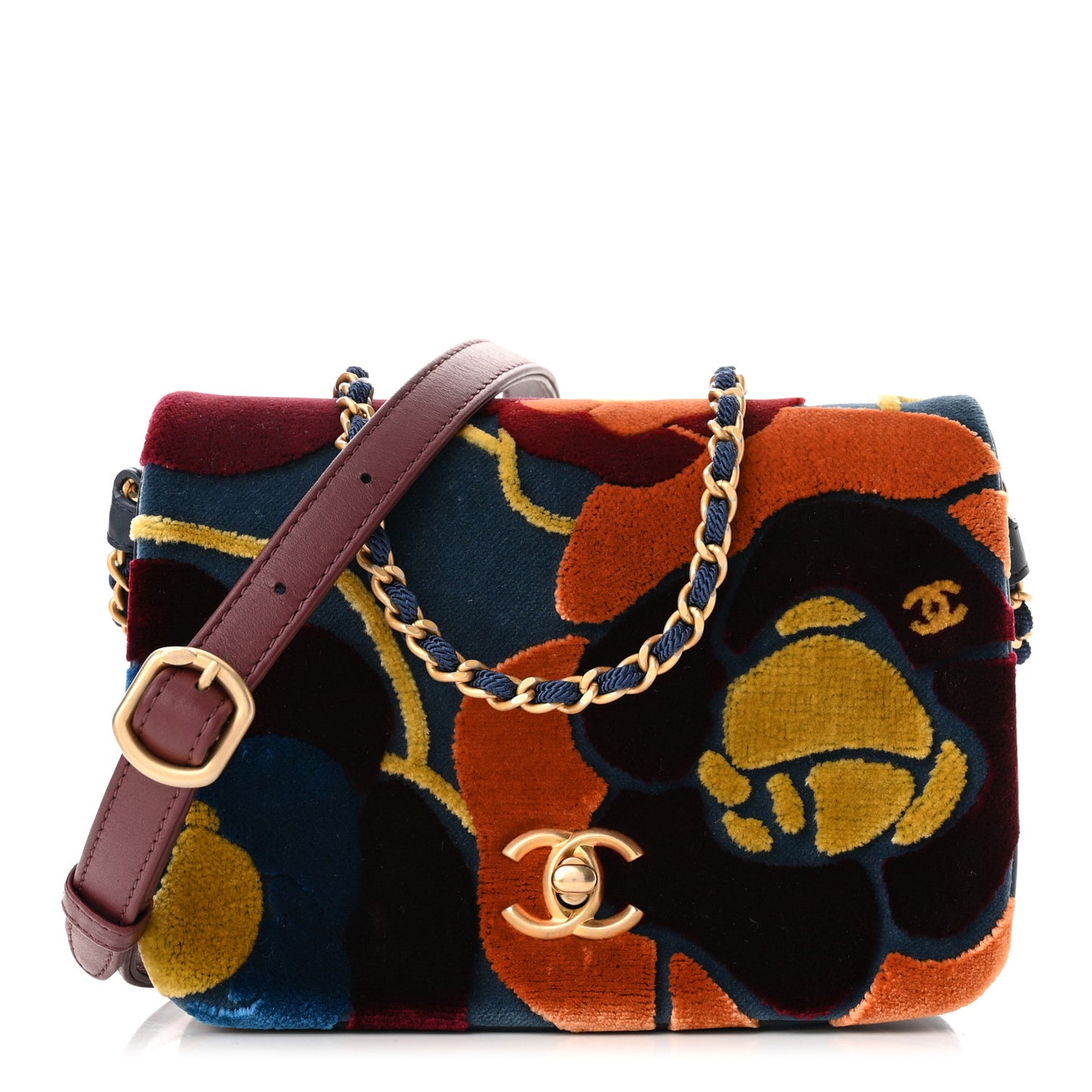 Velvet Lambskin Mini Camellia Flap Black Burgundy