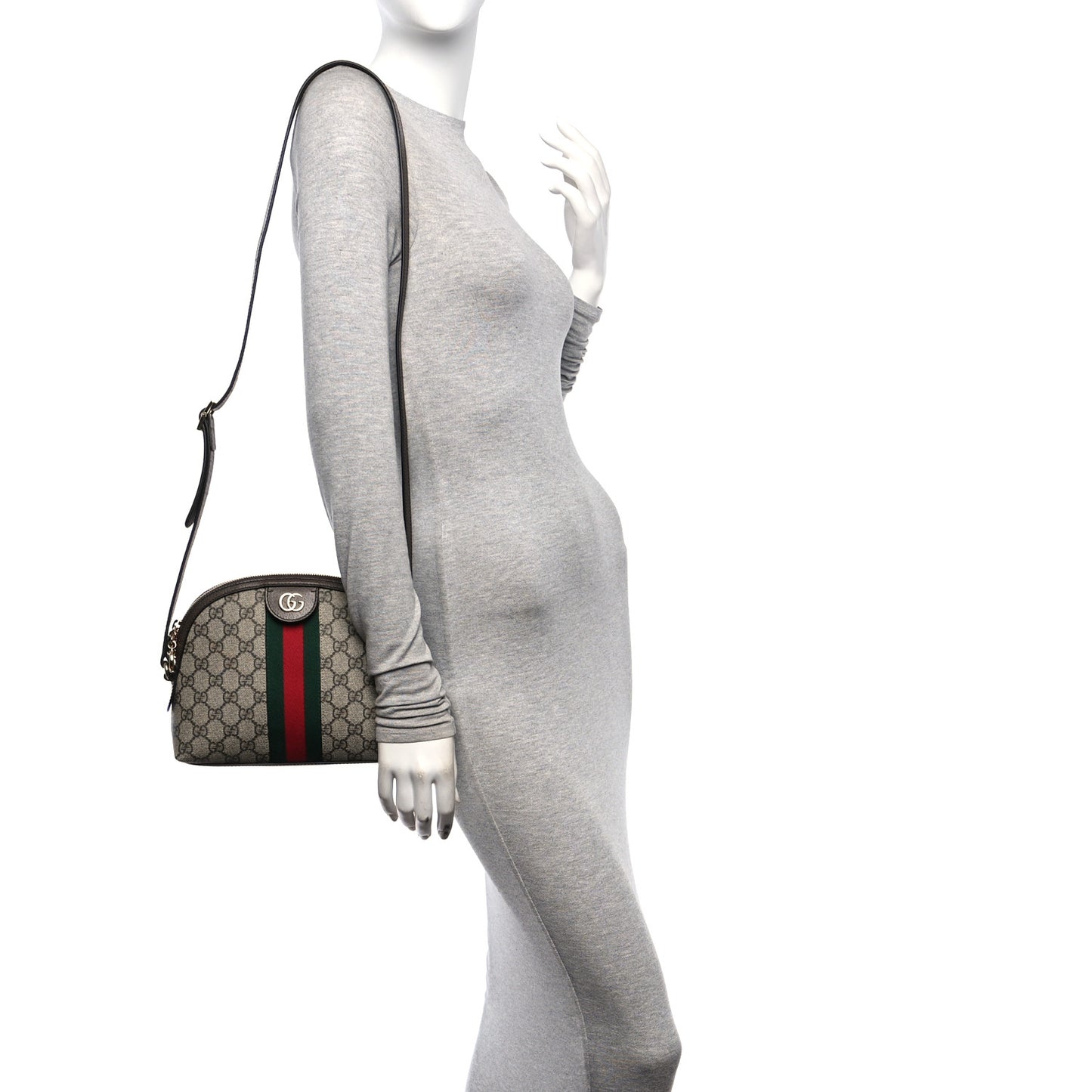 GG Supreme Monogram Textured Dollar Calfskin Web Small Ophidia Dome Shoulder Bag Beige Ebony New Acero