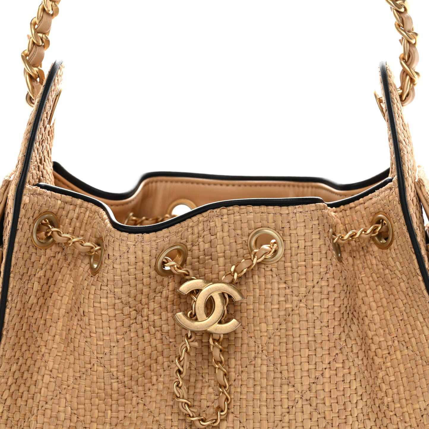 Braided Raffia Calfskin Quilted Mini Chanel 25 Handbag Beige Black