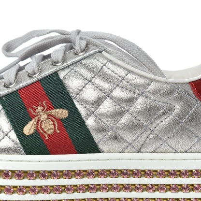 Gucci Laminated Nappa Crystal Web Bee Embroidered Trapuntata Womens Ace Platform Sneakers 36.5 Argento 16 of 21