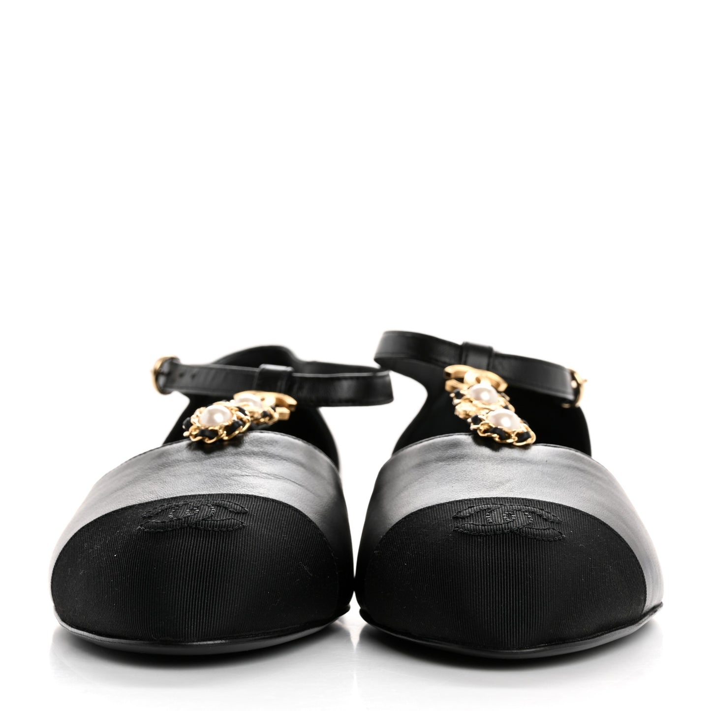 Lambskin Grosgrain Cap Toe Pearl CC Mary Jane Flats 40 Black