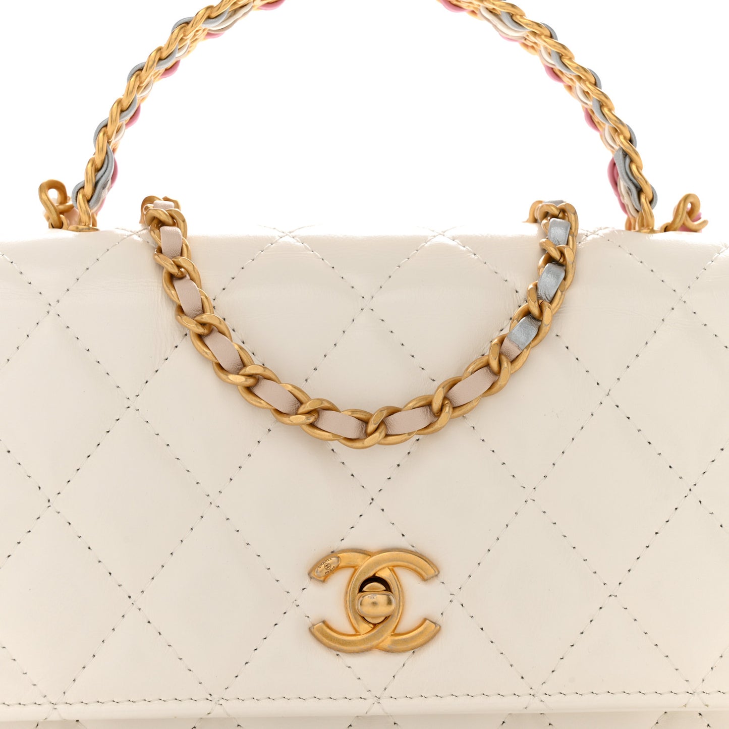 Shiny Calfskin Quilted Multicolor Top Handle Wallet On Chain WOC White