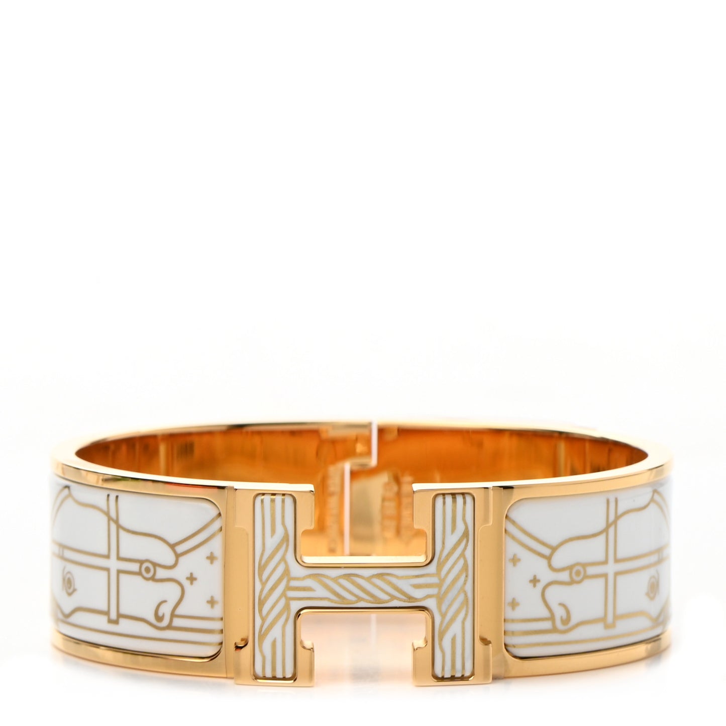 Enamel Printed Quadrige Au Fil Wide Clic Clac H Bracelet PM Or White