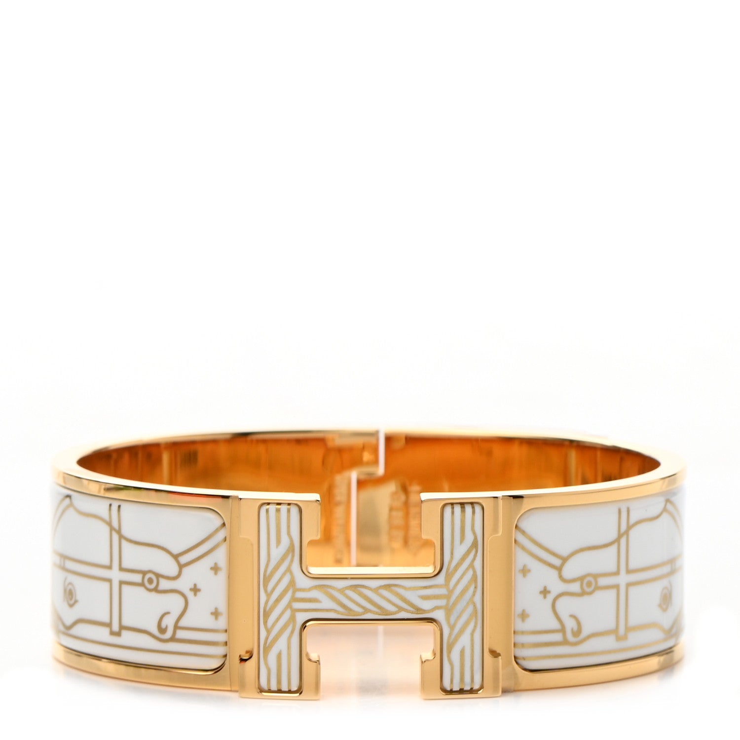 Hermes Enamel Printed Quadrige Au Fil Wide Clic Clac H Bracelet PM Or White 1 of 7