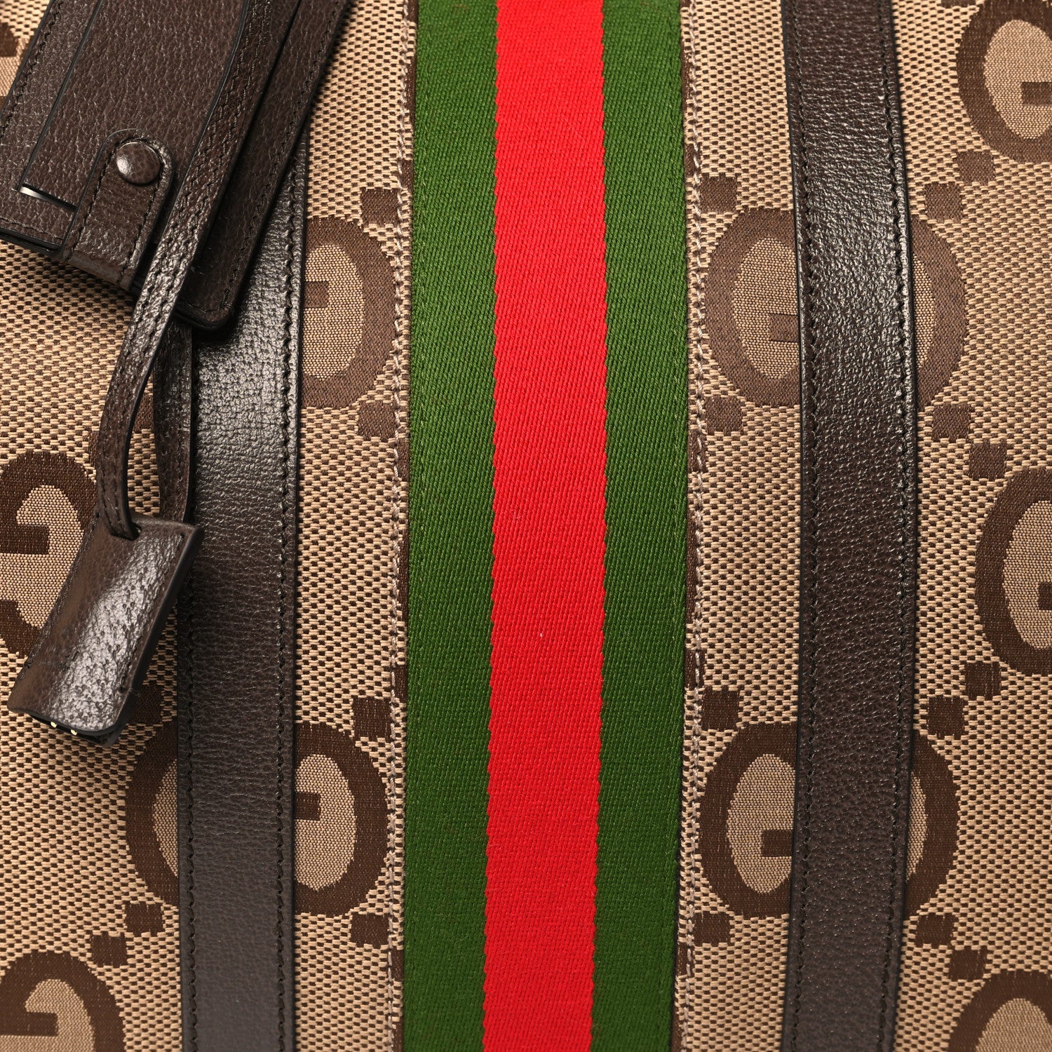 Gucci Monogram Jumbo GG Textured Dollar Calfskin Web Large Duffle Bag Camel Ebony 7 of 12